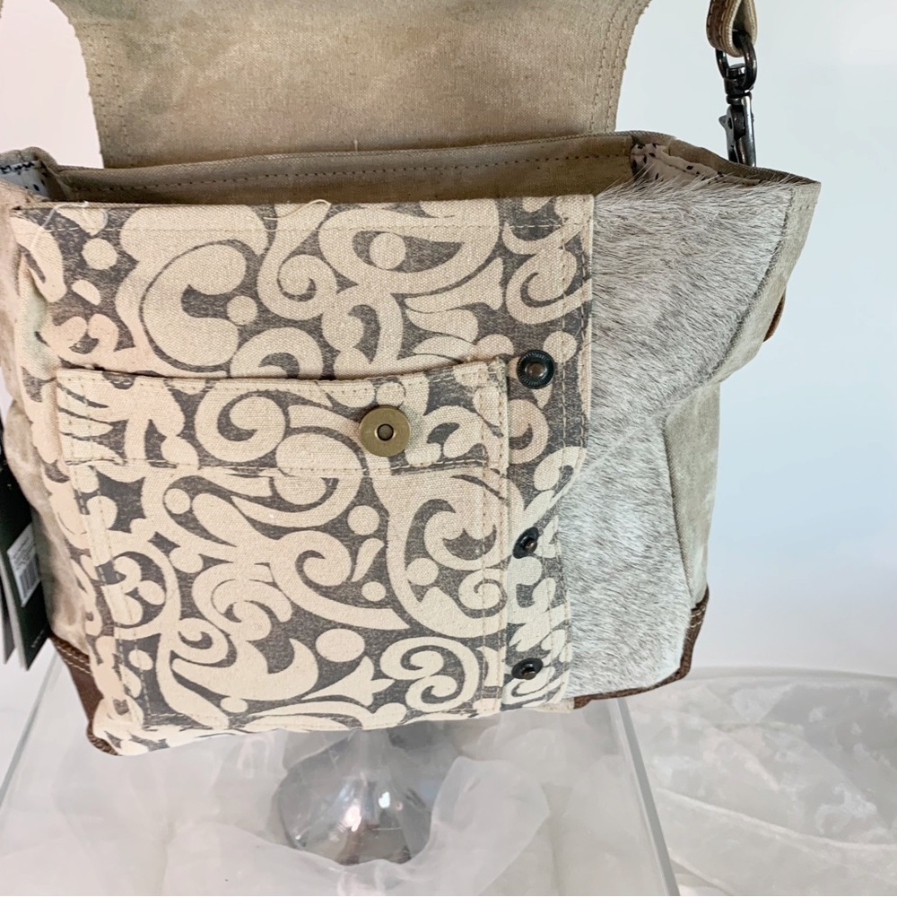 Myra Bag Factual Upcycled Canvas & Cowhide Messenger Bag S-1487 - Picture 4 of 6